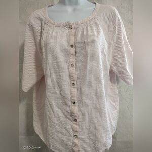 Poetry Women's Sz 8 Cotton Blouse Top Smock Button Up Light pink white Stripes